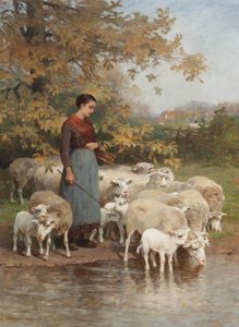 Shepherdess Watering Her Flock by Luigi Chialiva